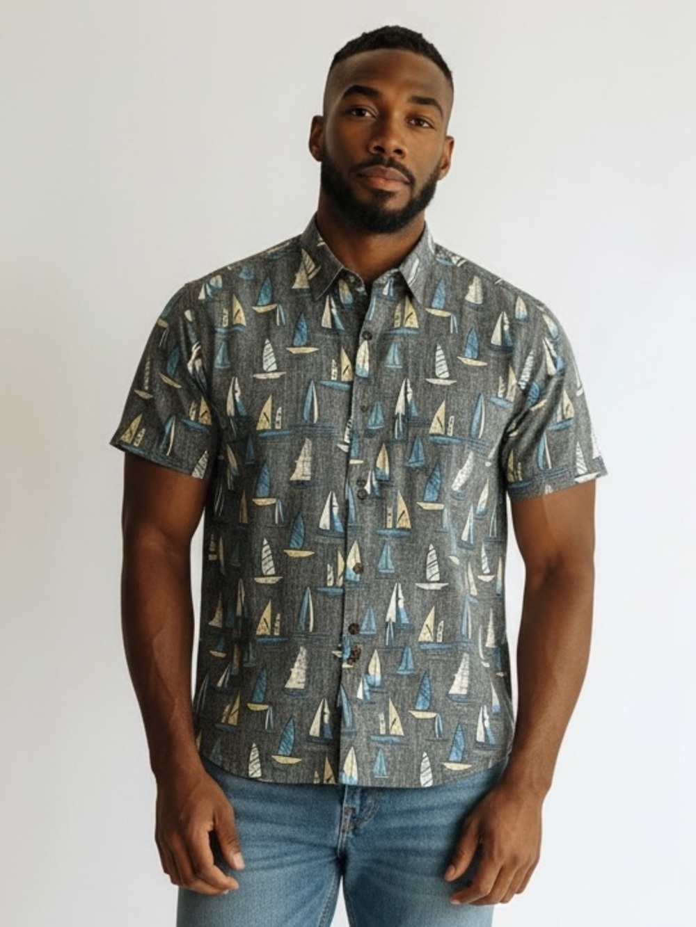 High Surf Hawaiian Shirt Mens Sailboat Print Aloha Button Up Gray Short Sleeve